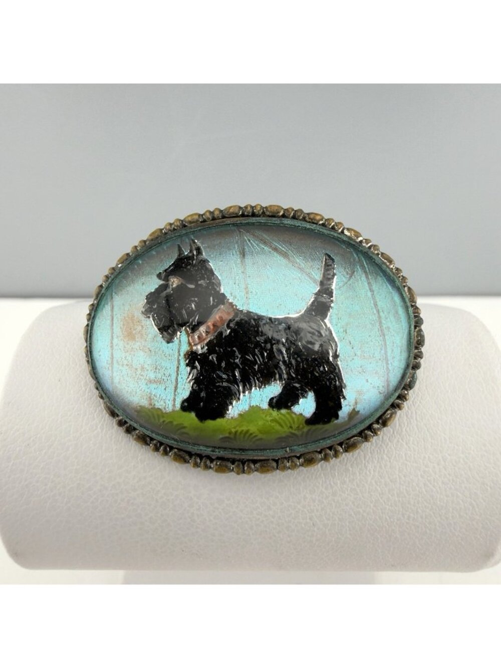 Vintage Art Deco Scottie Dog Brooch Reverse Crystal Intaglio Hand Painted Morpho